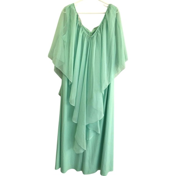 Maxi Dress Womens Green Pleated V-Neck Zip Up Sleeveless Sheer Cape Flowy XL - Picture 2 of 7